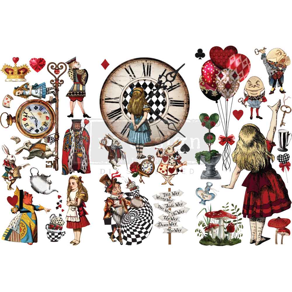 Alice in Wonderland rub on transfer by ReDesign with Prima. Alice, Mad Hatter, Queen of Hearts, clocks, white rabbit.