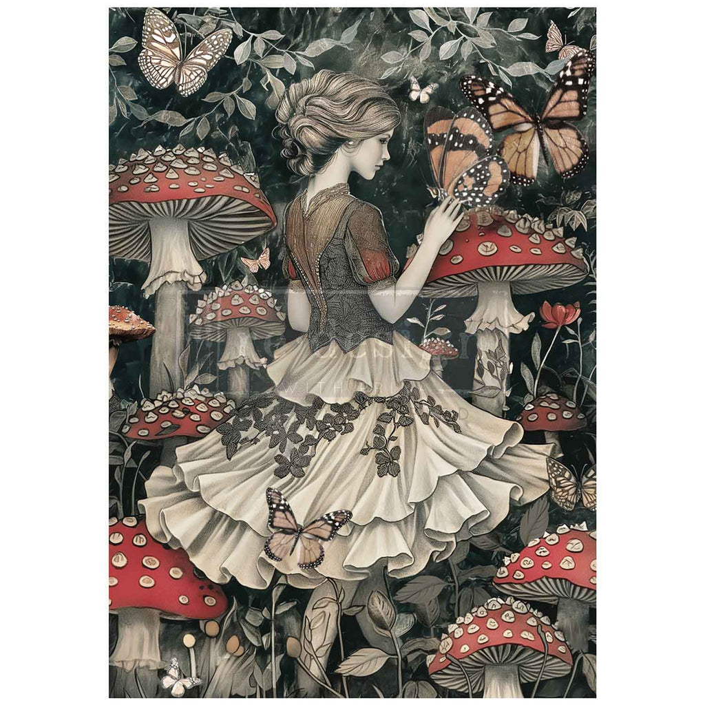 Lady among red mushrooms and orange butterflies. A1 size fiber decoupage paper by Redesign with Prima. 