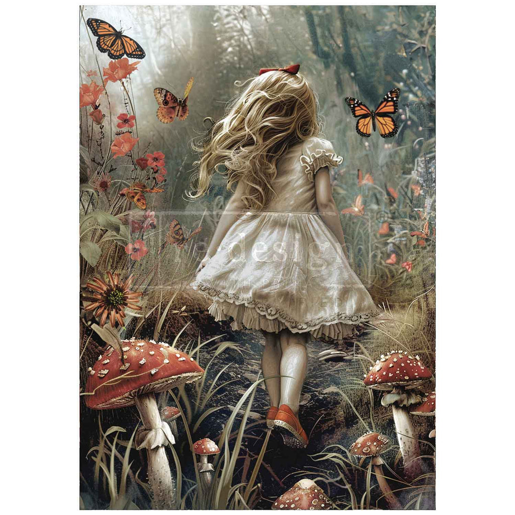 Girl among red mushrooms and orange butterflies. A1 size fiber decoupage paper by Redesign with Prima. 