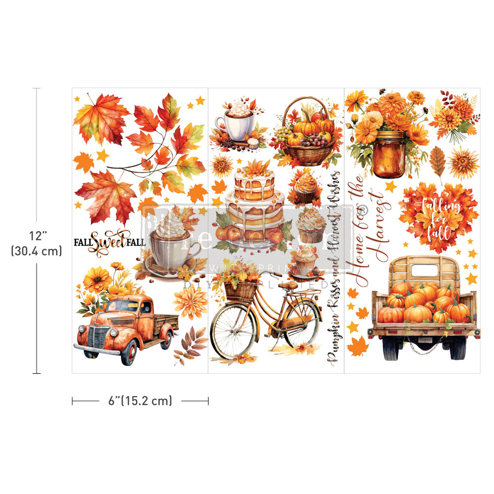 Redesign Prima Rub on Transfer showcasing a variety of fall-themed designs. From vibrant leaves to whimsical pumpkins, an old truck laden with harvest goods, and an adorned bicycle carrying bundles of autumn joy.