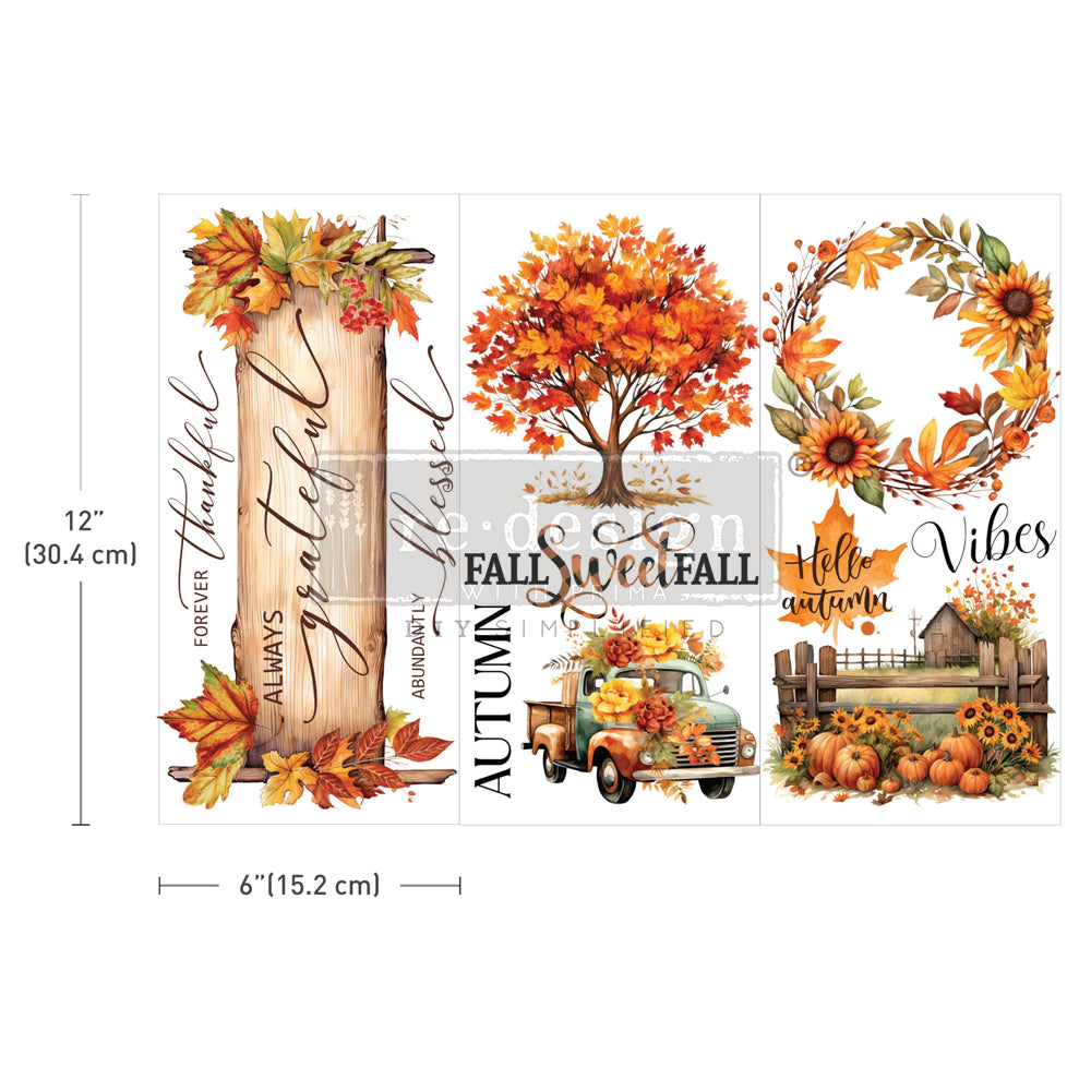 Redesign with Prima Rub on transfers featuring a variety of fall-themed designs. From a welcoming fall sign to an old truck laden with harvest goods, a full fall tree bursting with vibrant foliage, and a picturesque garden patch scene.