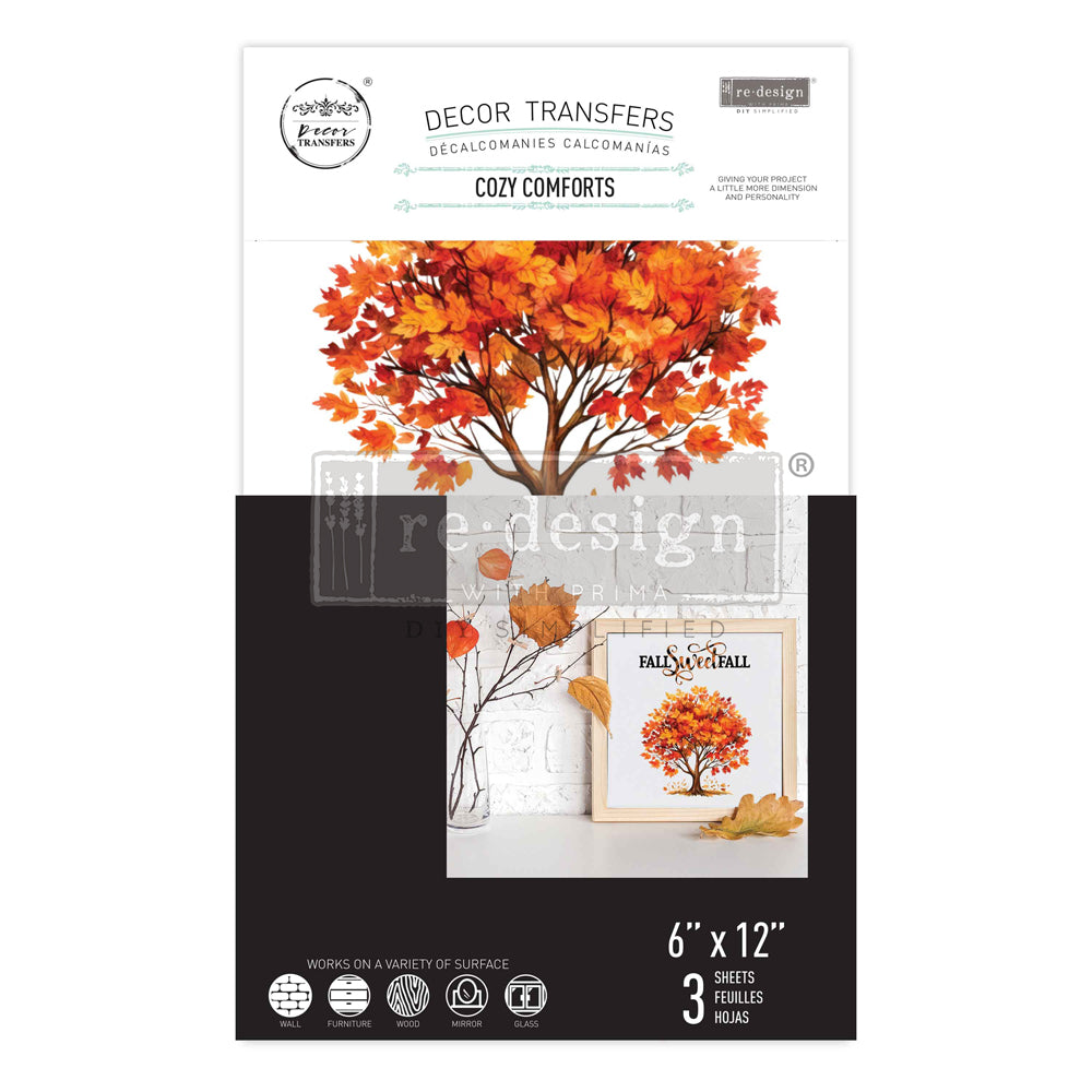 Redesign with Prima Rub on transfers featuring a variety of fall-themed designs. From a welcoming fall sign to an old truck laden with harvest goods, a full fall tree bursting with vibrant foliage, and a picturesque garden patch scene.