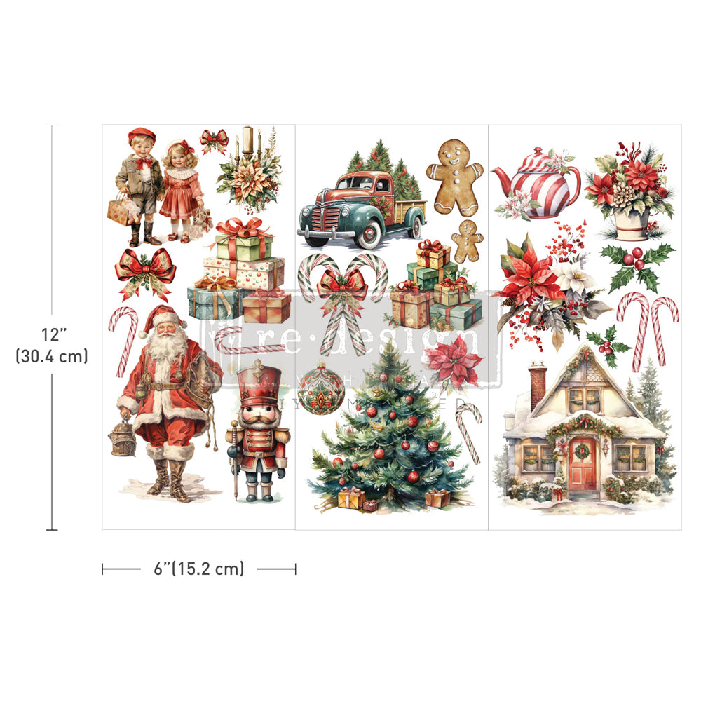 Redesign Prima Joyful Jingles rub on transfers with delightful images of Santa Claus, festive wreaths, Christmas trees, nutcrackers, and cheerful holiday motifs.