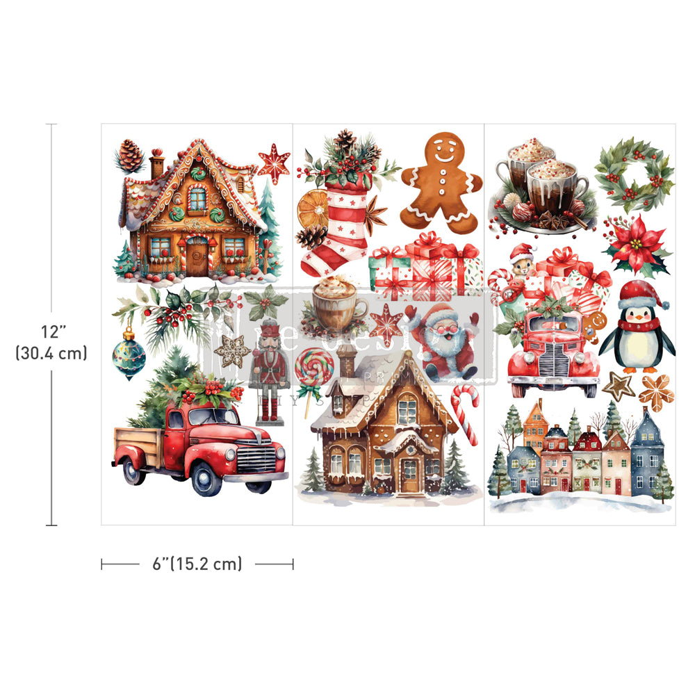 Redesign Prima Rub on transfers with picturesque scenes of cozy cottages, vintage red trucks, and festive holiday elements like gingerbread men, poinsettias, and candy canes. 