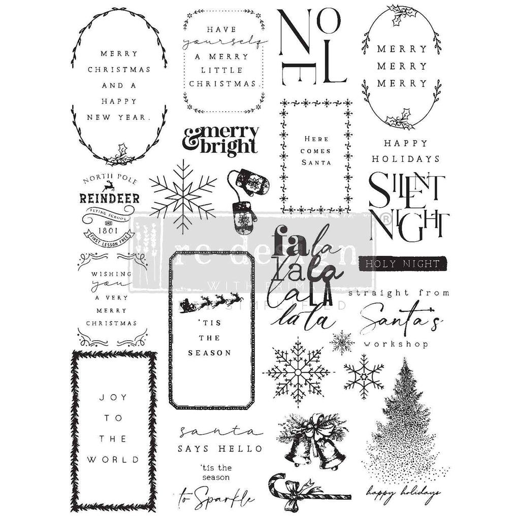 Holiday clear stamp set with snowflakes, trees, mittens, candy cane, bells and Christmas salutations from ReDesign with Prima