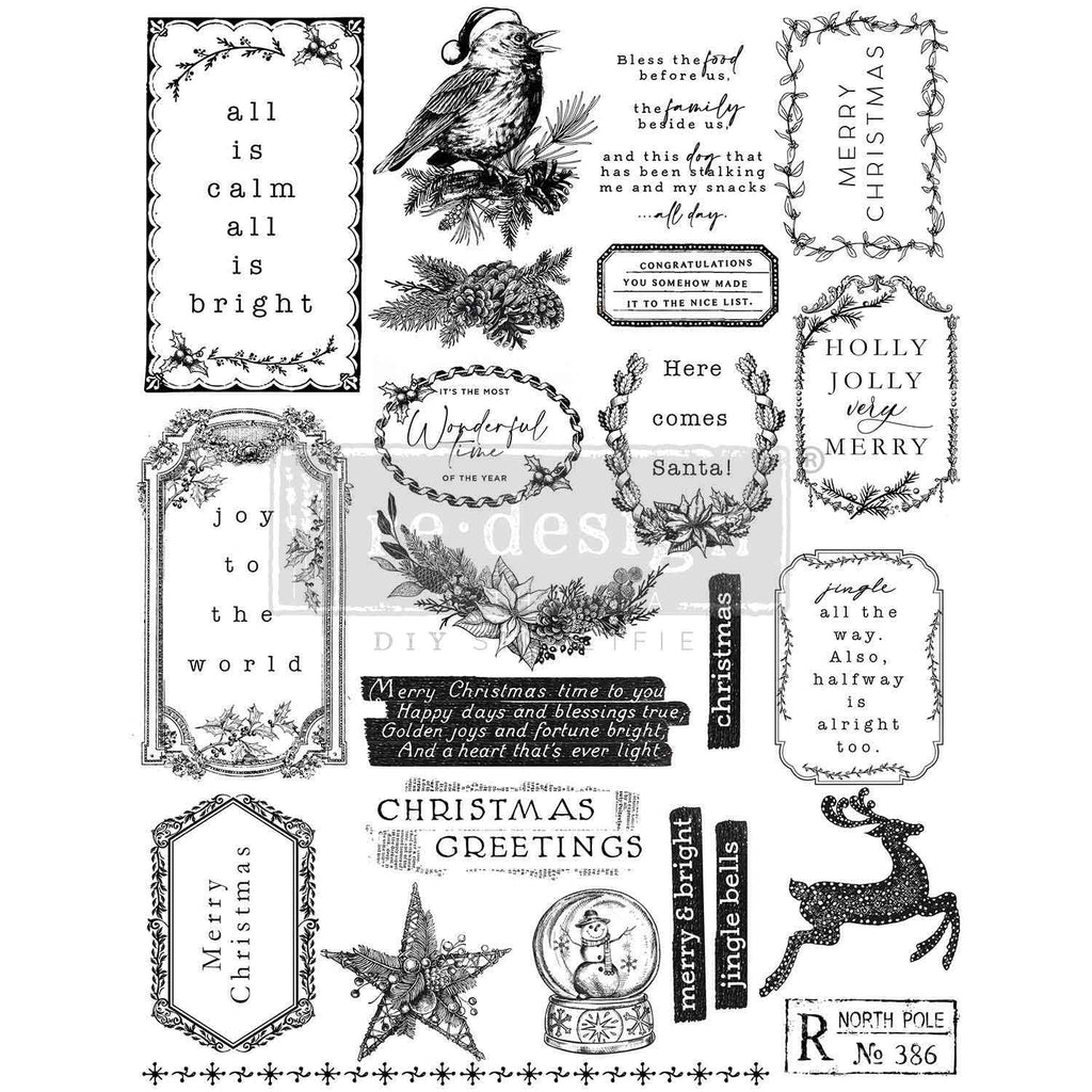 Holiday clear stamp set with garland, bird, reindeer, star, snowglobe and Christmas salutations from ReDesign with Prima