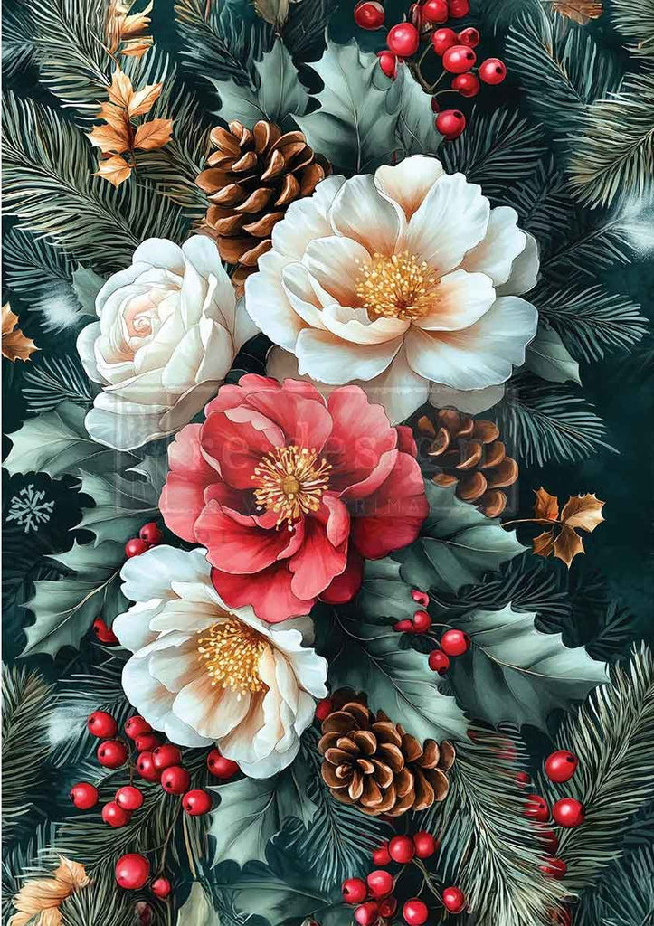Decorative image of flowers, pine cones, and berries on a dark background