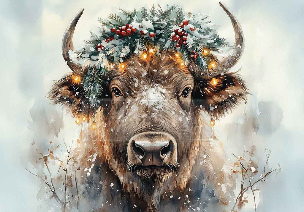 Bison with a festive wreath and lights against a snowy background