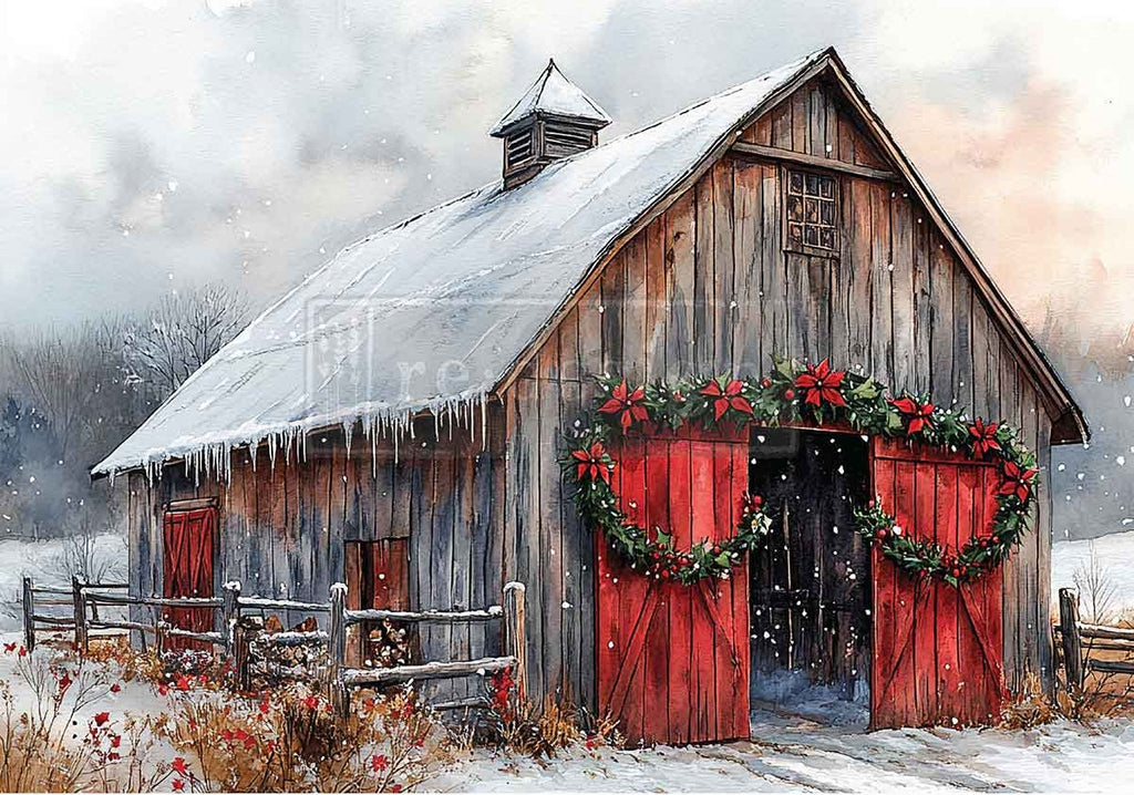 Wooden barn with red doors and Christmas wreaths in a snowy landscape