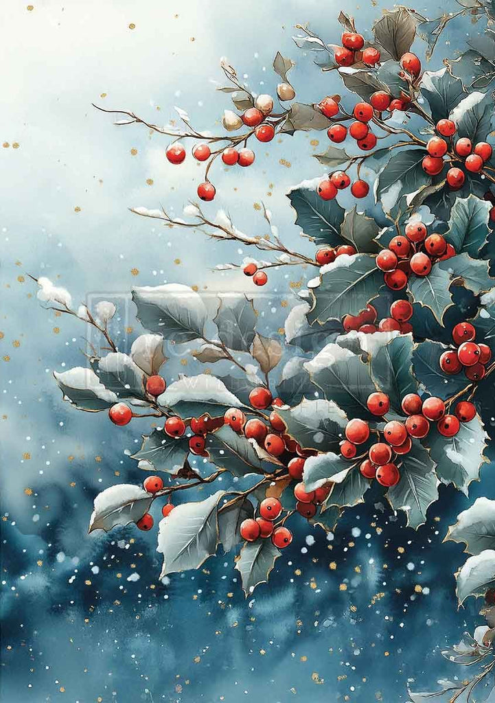 Decorative image of holly berries and leaves with a snowy background