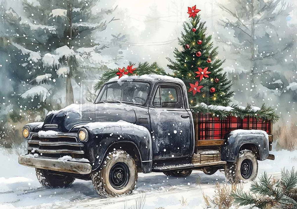 Vintage truck with Christmas tree and decorations in a snowy forest