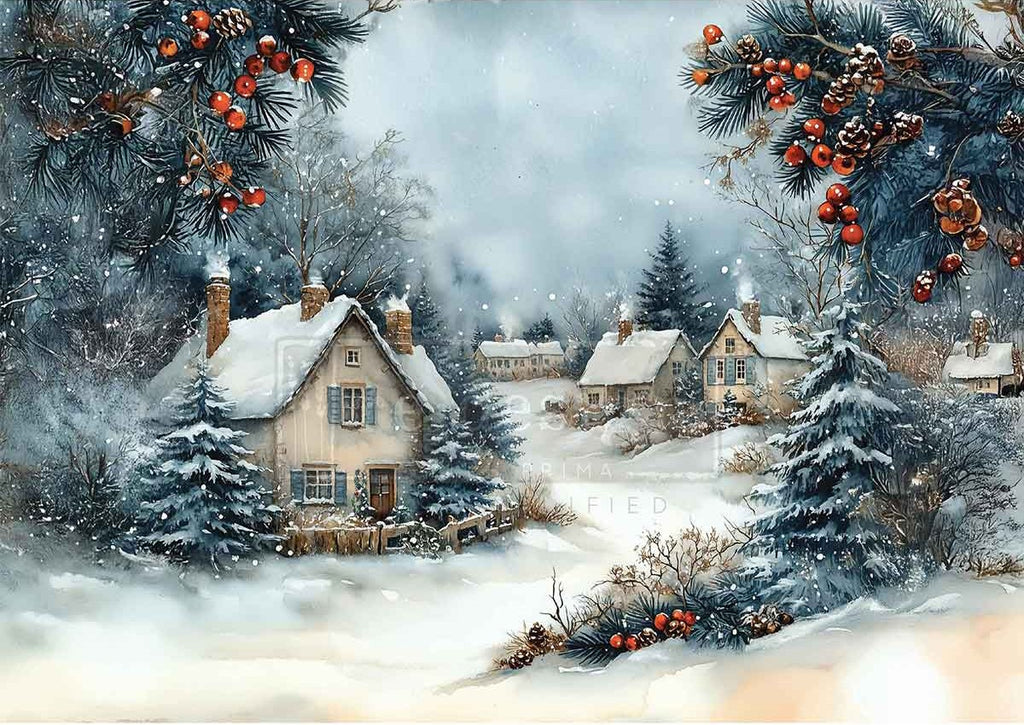 Winter village scene with snow-covered houses and trees, decorated with berries and lights.