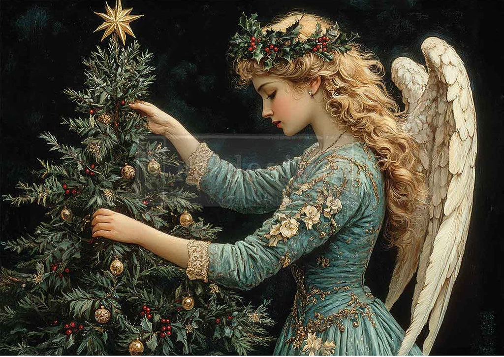 Angel decorating a Christmas tree with ornaments and a star, wearing a detailed costume.