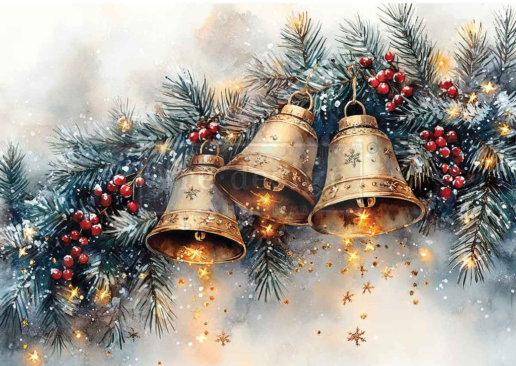 Decorative image of three gold bells hanging among Christmas tree branches with red berries on a light background.