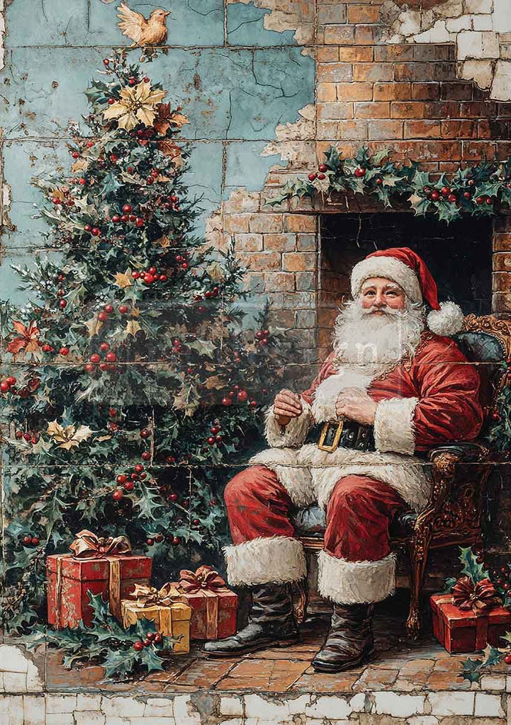 Vintage-style illustration of Santa Claus sitting by a fireplace with a Christmas tree and presents.