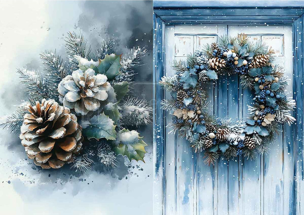 Decorative wreath with pinecones and winter elements on a door