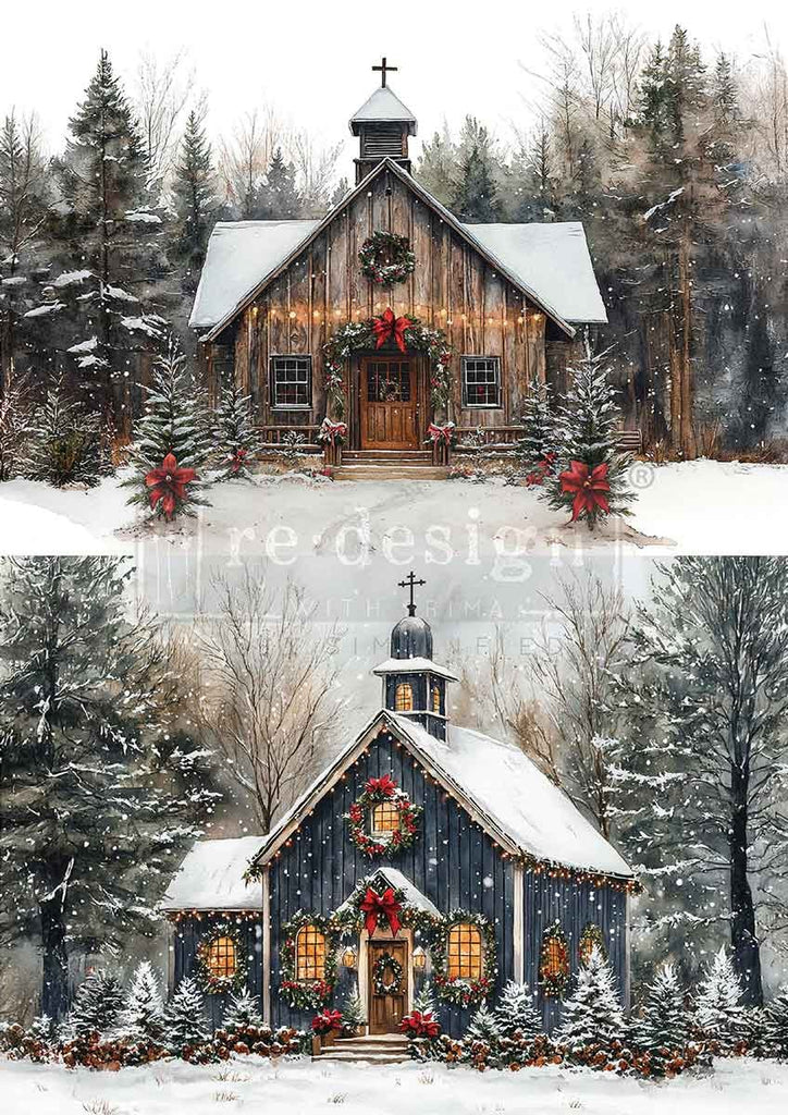 Two images of a wooden cabin in a snowy forest, one with a white roof and the other with a blue roof, both decorated for Christmas.