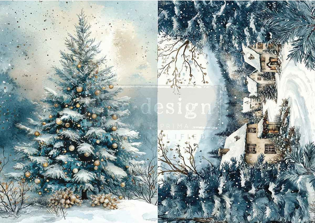 Two winter-themed illustrations: one of a decorated Christmas tree and the other of a snowy landscape with a house.