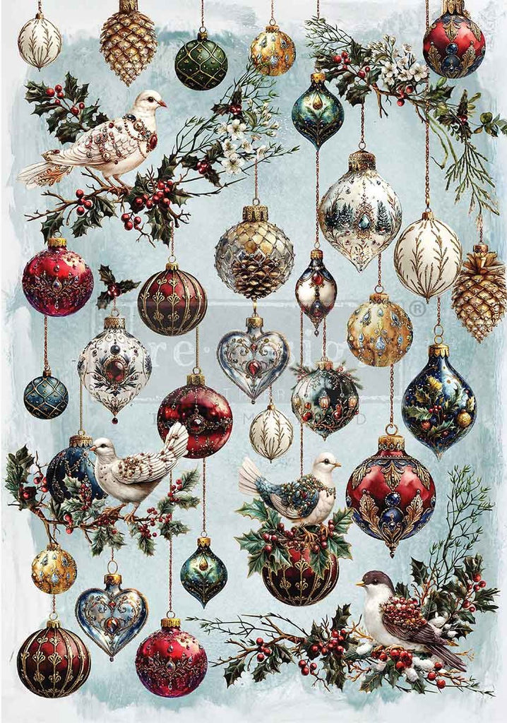 Decorative Christmas scene with ornaments, birds, and foliage on a blue background