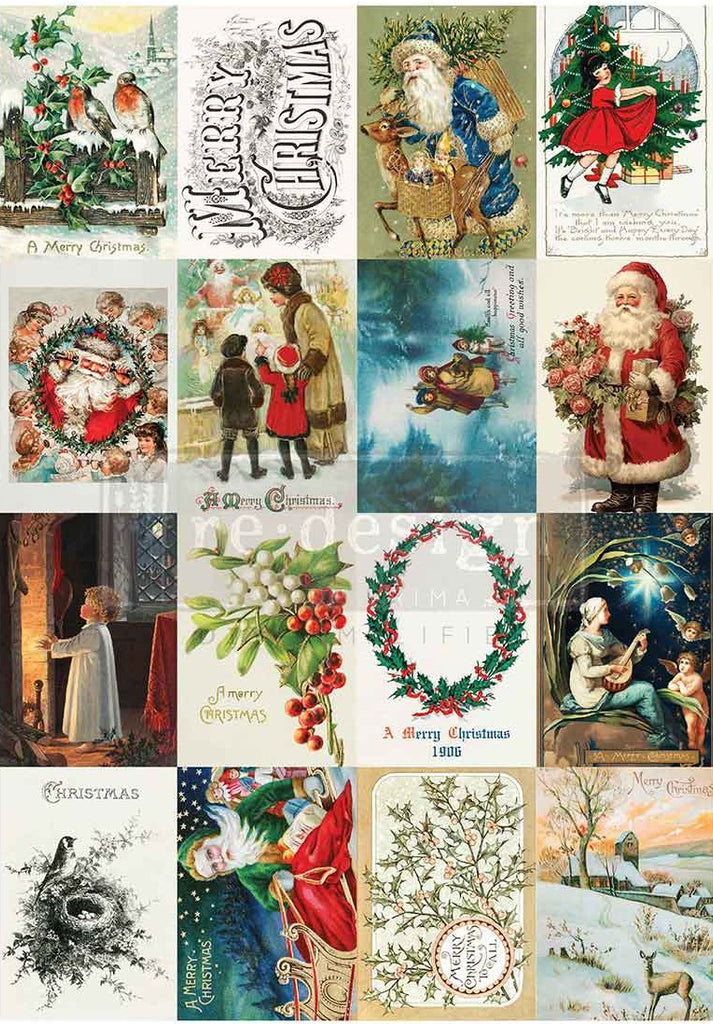 Collage of vintage Christmas cards featuring Santa Claus, children, and traditional holiday scenes.