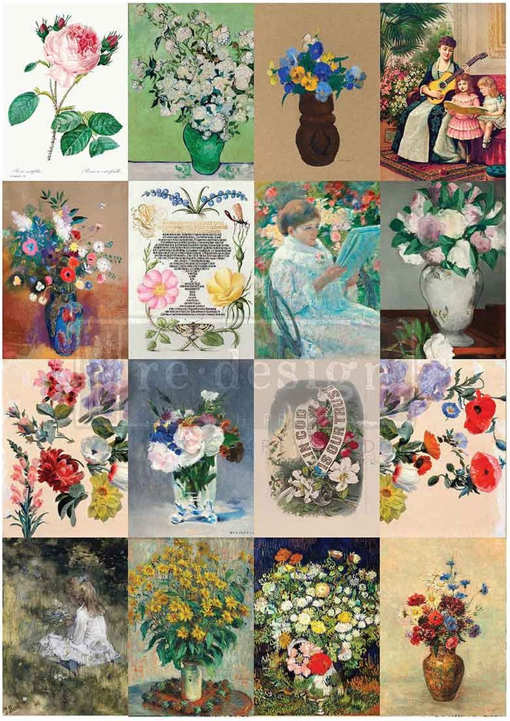 Collage of various floral arrangements and scenes from different artworks.