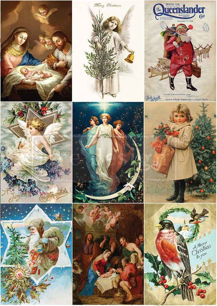 Collage of vintage Christmas cards featuring religious scenes, angels, and holiday traditions.