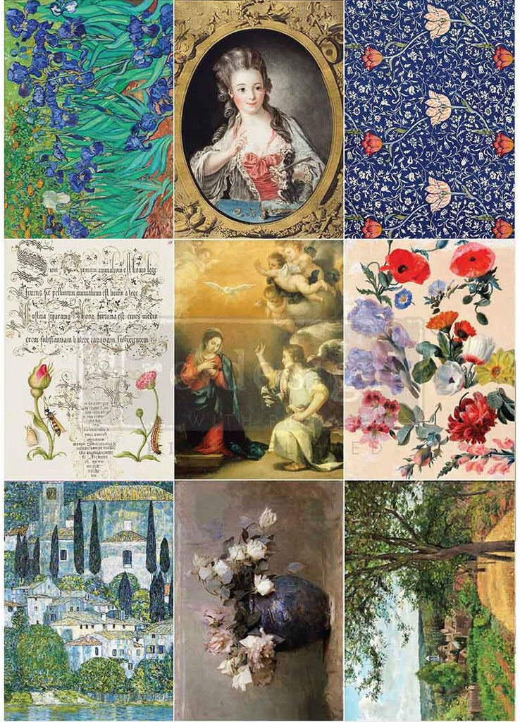 Collage of various artistic images including floral patterns, portraits, and landscapes.