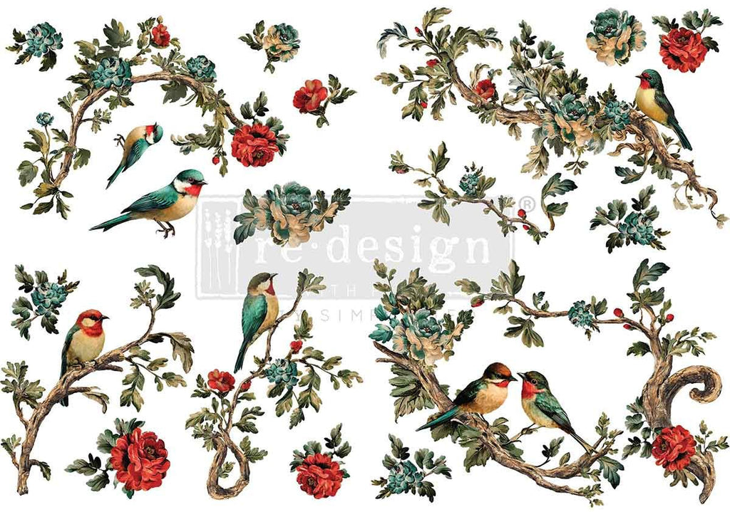 Decorative design with birds and floral elements on a white background