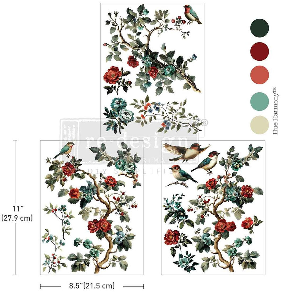 Decorative wall stickers with floral and bird designs, including color swatches and dimensions.