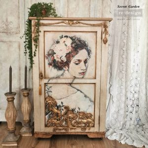 Vintage lady looking over shoulder with white flowers in hair. A1 Decoupage rice paper by ReDesign with Prima.