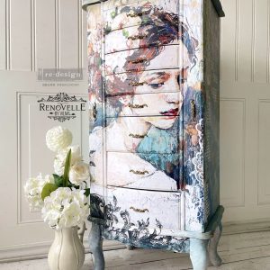 Vintage lady looking over shoulder with white flowers in hair. A1 Decoupage rice paper by ReDesign with Prima.