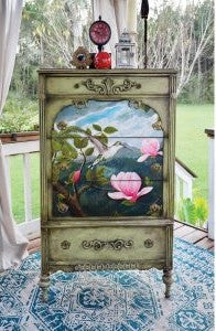 Pink magnolias with hummingbird.  Decoupage by ReDesign with Prima.
