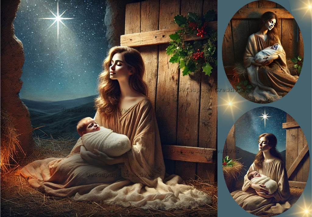 Mary with baby Jesus in a manger with the star in the sky at night decoupage rice papers from decoupage creatives