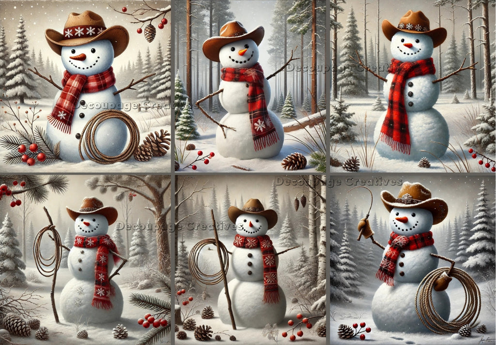 Cowboy snowman in various poses with brown hat, red plaid scarf and brown rope decoupage rice papers from decoupage creatives