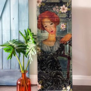 Modern art style vintage red head lady. Vintage African American Ethnic portrait of woman with flowers. A1 Fiber Paper for Decoupage by ReDesign with Prima.