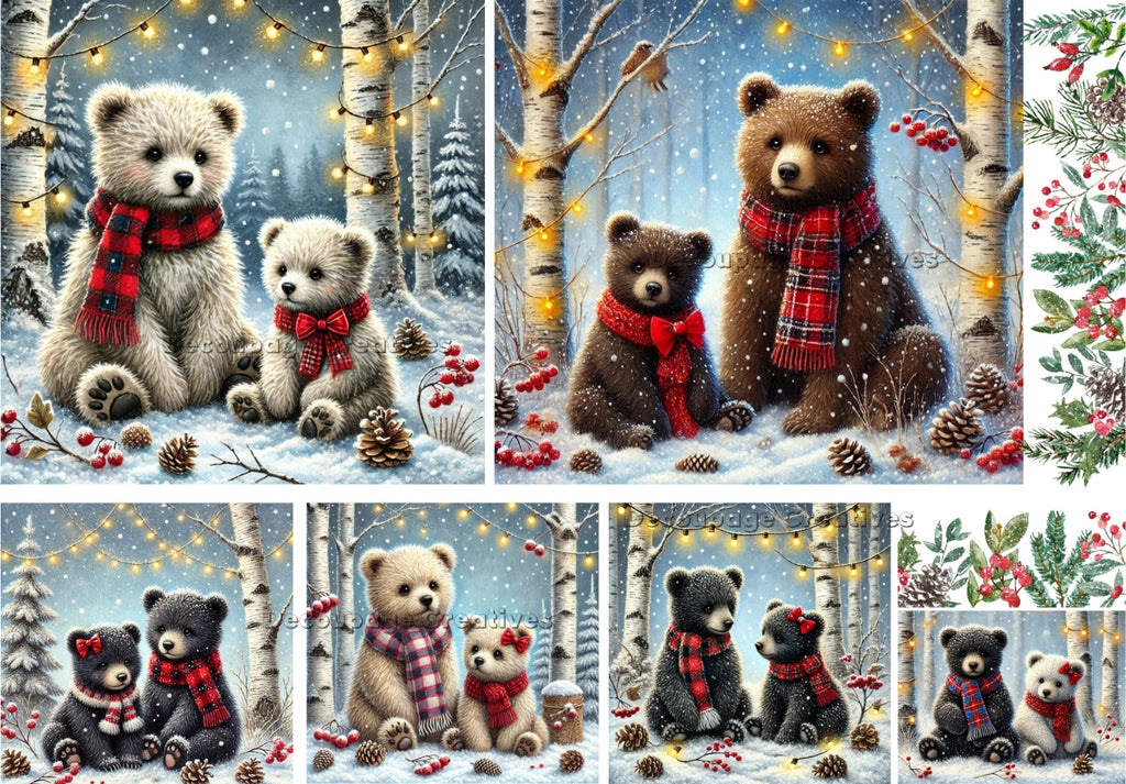 bear cubs in plaid scarfs sitting in the snow forest with christmas lights decoupage rice papers from decoupage creatives