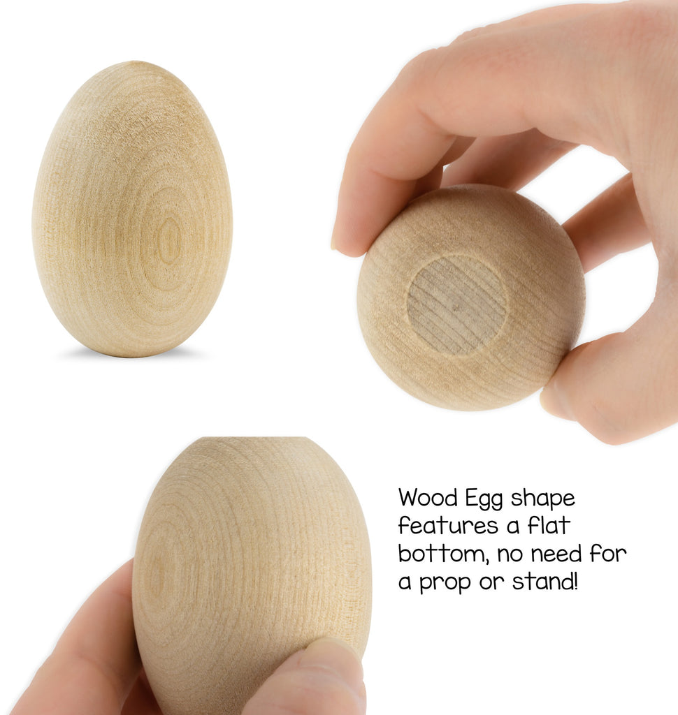 Wooden egg-shaped object held by a hand with text indicating it has a flat bottom.