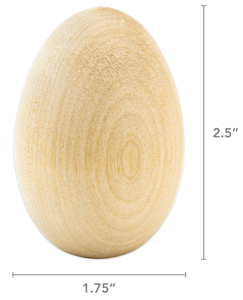 Wooden egg with dimensions labeled on a white background