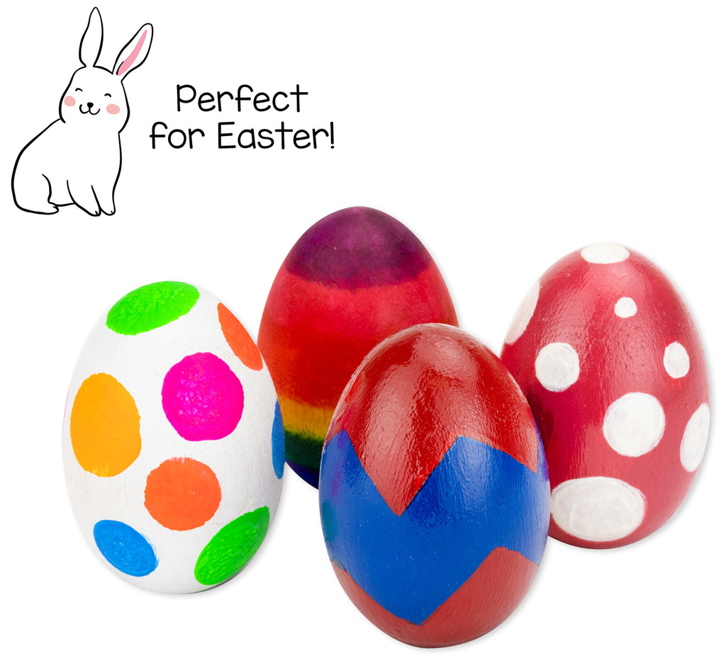 Colorful polka dot eggs with a cartoon rabbit and 'Perfect for Easter!' text on a white background.