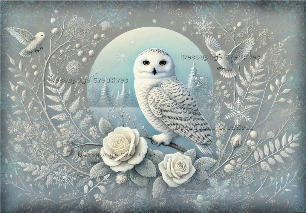 snow owl with white roses on blue gray background decoupage rice papers from decoupage creatives