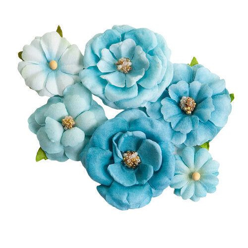 6 teal colored paper flowers. Paper Flower Embellishments by Prima Marketing.