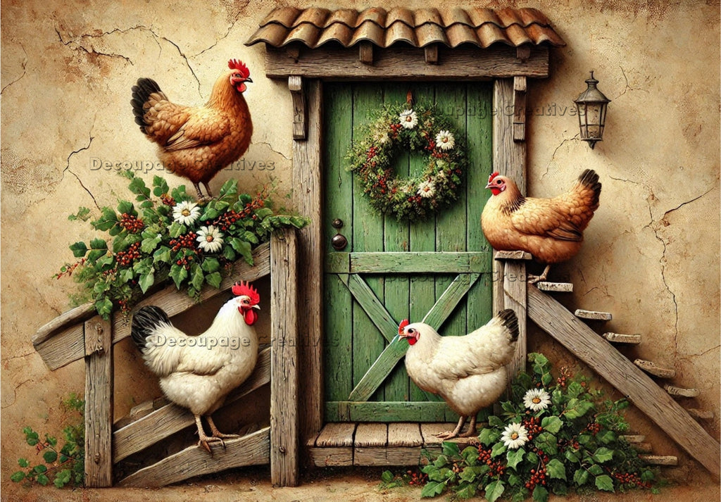 brown and white hens on a wooden fence with steps by a green door with a holiday wreath decoupage rice papers from decoupage creatives