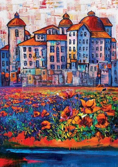 Vibrant blue and orange village with flowers. A1 Fiber Paper for Decoupage by ReDesign with Prima.