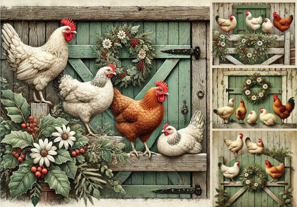 Roosters and hens on a fence in front of a wood green door with a holiday wreath decoupage rice papers from decoupage creatives