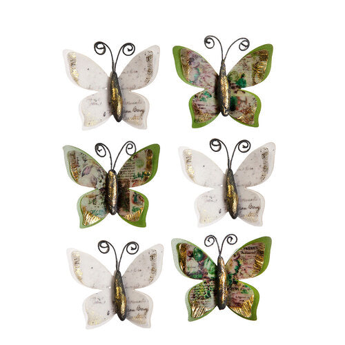 6 Gold white and green butterflies. Paper Flower Embellishments by Prima Marketing.
