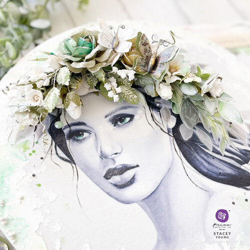 Image of woman sketch with paper butterflies in hair. Paper Flower Embellishments by Prima Marketing.