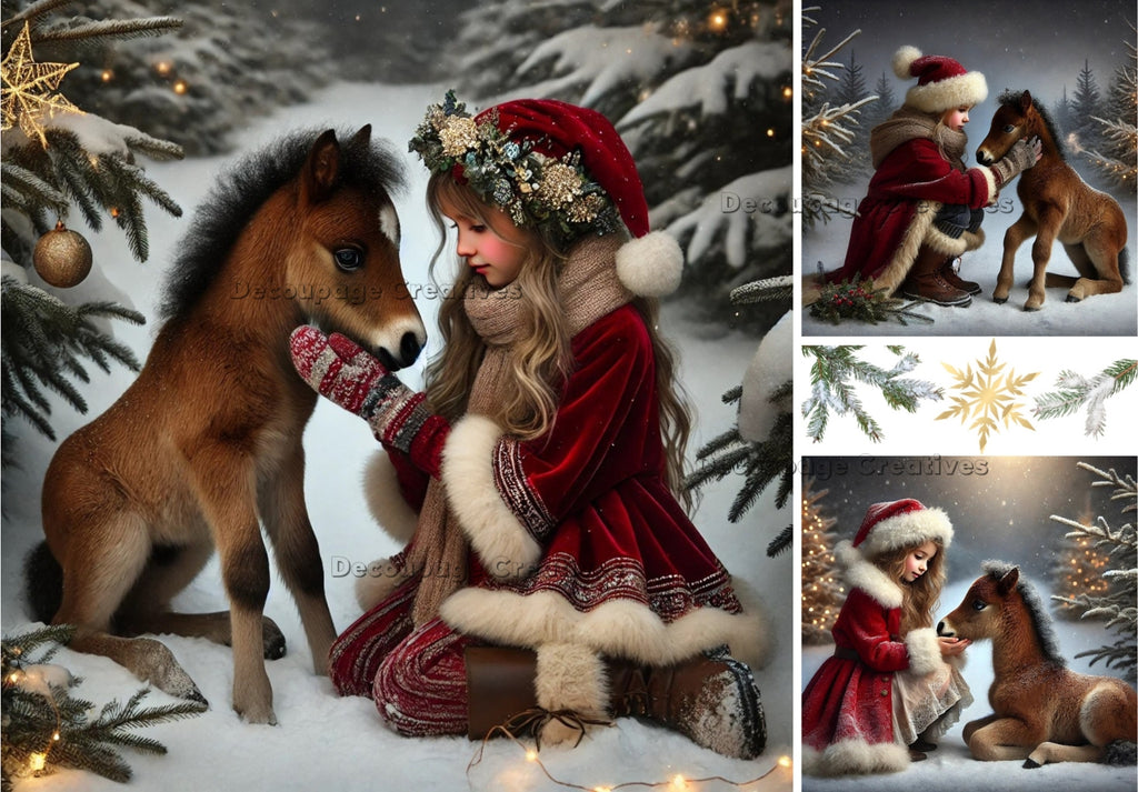 young girl petting a brown horse in the snow woods in a red coat and hat decoupage rice papers from decoupage creatives