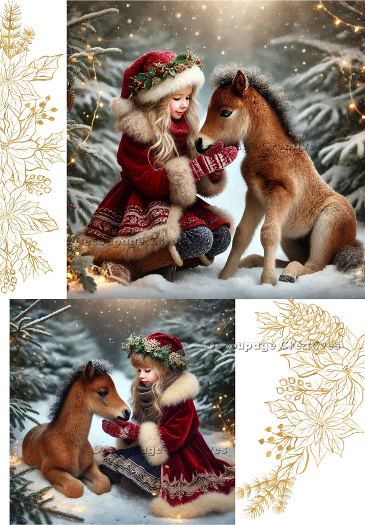 young girl in a red coat with brown baby horse in the snow decoupage rice papers from decoupage creatives