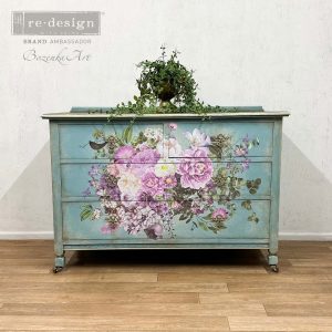 Pink and Purple floral arrangement. ReDesign with Prima Morning Purple 24"x35 Decor Transfers® are easy to use rub-on transfers for Furniture and Mixed Media uses.