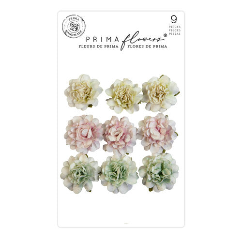 Nine paper flowers, pink green and yellow. Paper Flower Embellishments by Prima Marketing.